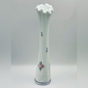 Westmoreland, Swung, Milk Glass, Bud Vase, Hand Painted, Floral, 9.5”